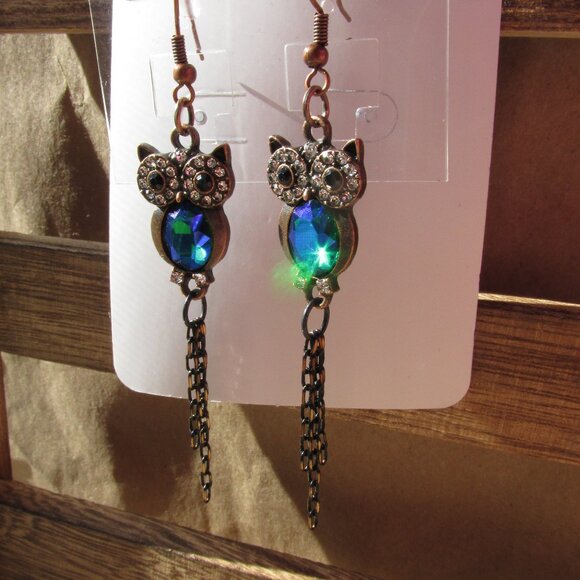 NEW Statement Owl Rhinestone Earrings - Picture 1 of 9
